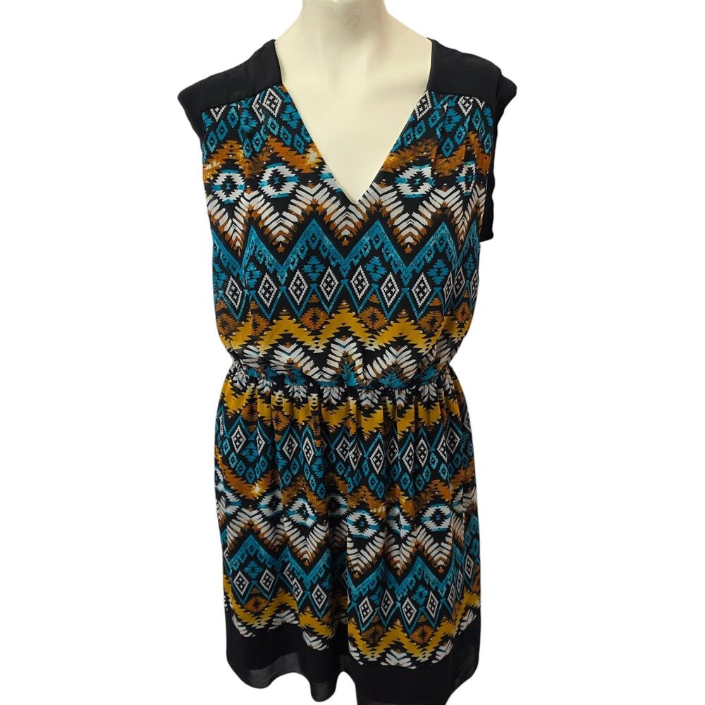 En‎ Focus Women 14W Plus Aztec Tribal Print Sleeveless V Neck Shift Dress Boho